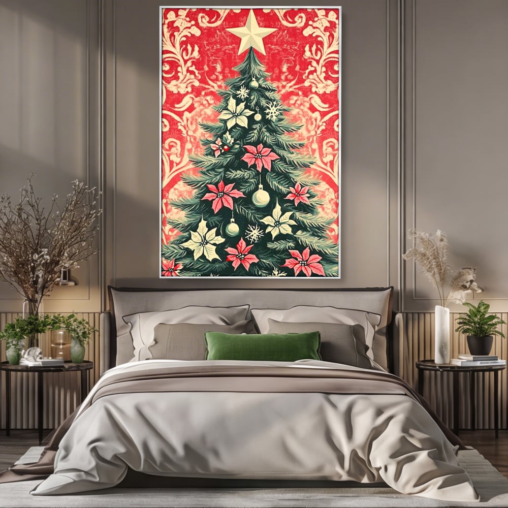 Tablou canvas cu ilustratie vintage cu brad de craciun, in rama de aluminiu argintiu, pe perete intr-un dormitor